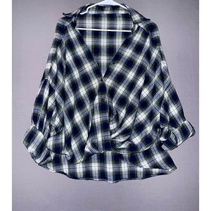 Blue green white gray plaid shirt